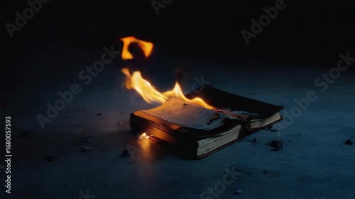 Burning Book: A fiery tale of lost knowledge and forgotten lore. Embers glow, illuminating the dark mystery of consumed pages.