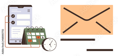 Smartphone with task list, calendar, and clock alongside large envelope. Ideal for scheduling, time management, notifications, email, planning productivity and communication. Simple flat metaphor