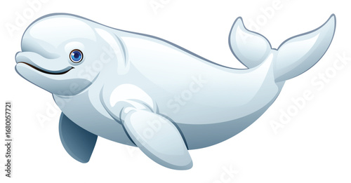 Smiling cartoon beluga whale with large flippers and a friendly face on a white background. Vector illustration