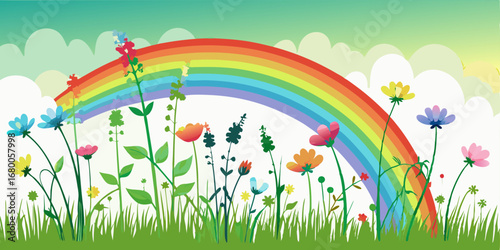 Vibrant rainbow arcing over a lush, stylized meadow border filled with colorful wildflowers and tall grass. Cheerful vector illustration for themes of nature, springtime, children, and joy.