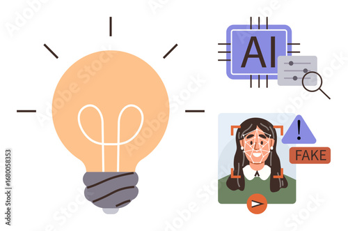 Light bulb signifying creativity, AI chip with sliders, and deepfake detection alert with overlay. Ideal for innovation, AI ethics, technology, digital media, problem-solving, research simple flat
