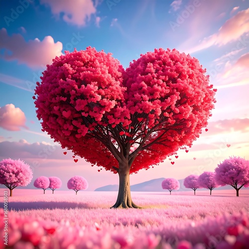 Heart Shaped Tree Blooming Pink Flowers in a Dreamy Landscape.