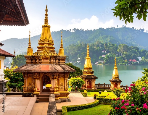 Golden pagodas by a serene lake, lush greenery