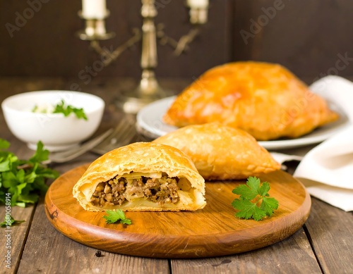 Golden pastries filled with savory meat, served on a wooden board