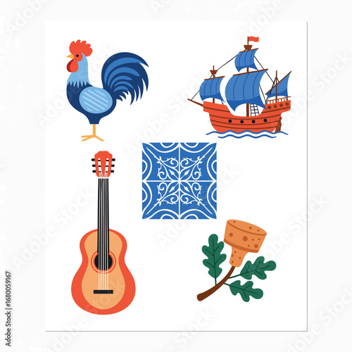 A collection of colorful illustrated icons representing traditional Portuguese cultural symbols.