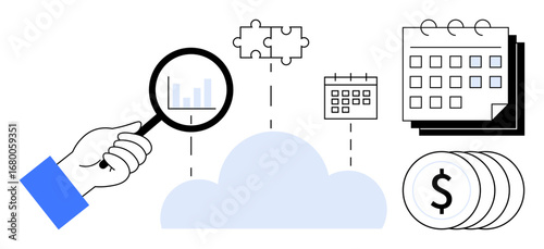 Hand magnifying data over cloud, puzzle representing solutions, calendar showcasing scheduling, and dollar coins symbolizing financial success. Ideal for data analysis, collaboration, cloud