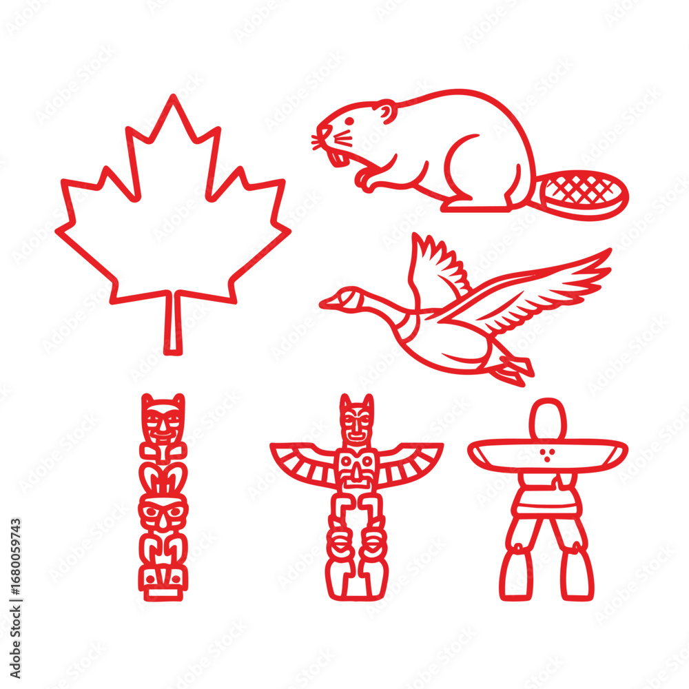 Obraz premium A collection of red outline icons featuring iconic Canadian symbols like the maple leaf beaver and totem pole.