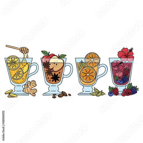 A colorful handdrawn illustration of four different hot winter warming drinks in glass mugs.