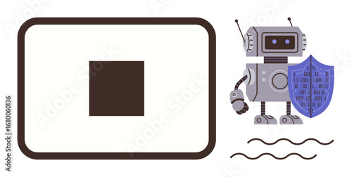 Metallic robot holding shield with binary code, standing beside a digital interface frame and abstract wave lines. Ideal for cybersecurity, data protection, AI, technology, innovation, futuristic