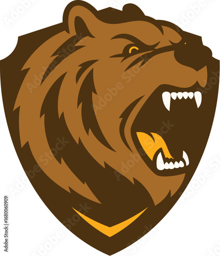A fierce brown bear head roars, set against a shield background, conveying strength and aggression.