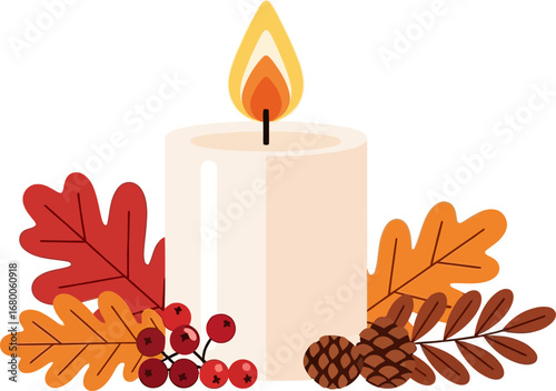 Illuminated Autumnal Candle with Oak Leaves, Berries, and Pinecones