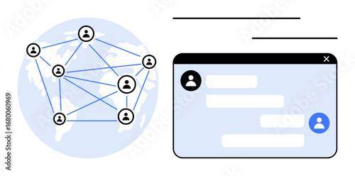 Globe with interconnected user icons and messaging interface showcasing chat bubbles, connectivity, and communication flow. Ideal for networking, collaboration, communication, chat platforms, digital