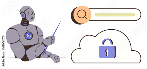 AI robot with a pointer near cloud lock and search bar. Ideal for AI, cybersecurity, cloud storage, data protection, innovation, internet search, and digital evolution. Simple flat metaphor