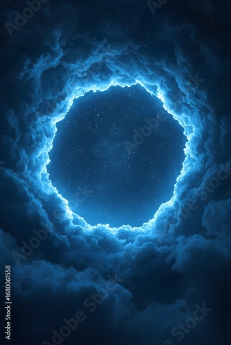 Dramatic circular portal of glowing blue clouds opening into starry night sky, surreal cosmic gateway concept perfect for fantasy, science fiction, and mystical atmospheric background design