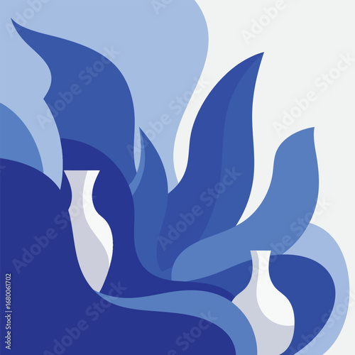Abstract composition of two white vases surrounded by flowing blue organic shapes.
