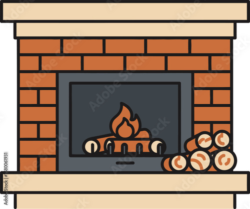 Cozy Brick Fireplace with Burning Logs