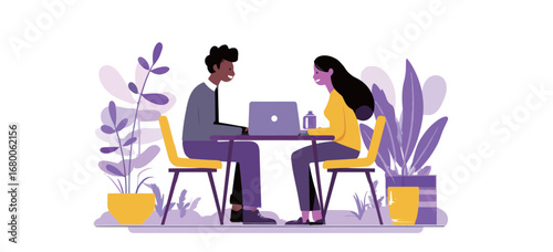 Two individuals are engaged in a collaborative activity at a small table with a laptop. Vibrant plants and decorative pots create a lively atmosphere. The scene captures a warm, friendly interaction.