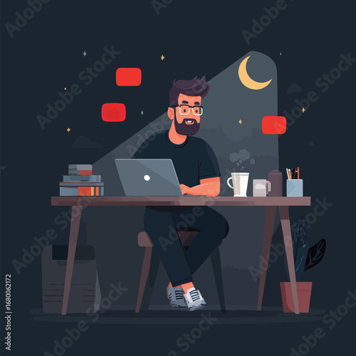 A man with glasses works intently on his laptop at a wooden desk in a softly lit room. Surrounding him are books, a coffee cup, and a potted plant, creating a cozy atmosphere.