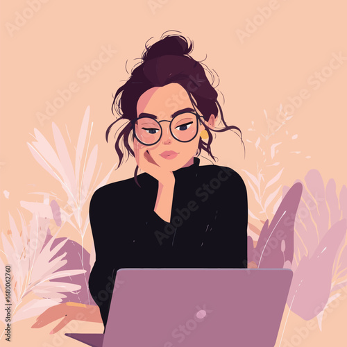 Woman sits at a laptop in a warm, inviting space filled with plants, deeply engaged in her work. Her glasses and thoughtful expression highlight a moment of inspiration and concentration.