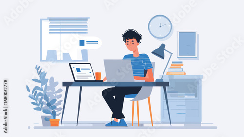 Wallpaper Mural In a modern office space, a young man sits at a tidy desk, intently using a laptop. The room features a plant, books, and a wall clock, creating a productive atmosphere. Torontodigital.ca