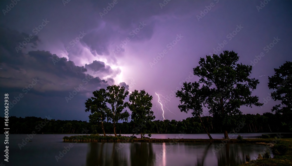 Naklejka premium Night scene of a lake with silhouetted trees and a dramatic lightning strike