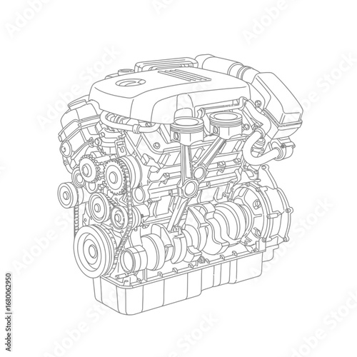 Detailed GrayScale Diagram of a Car Engine