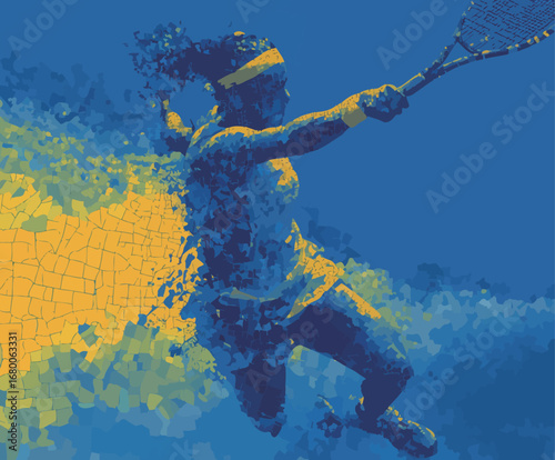 A skilled athlete showcases impressive form while executing a powerful tennis swing. The striking blue and yellow colors create an energetic atmosphere during the competitive match.