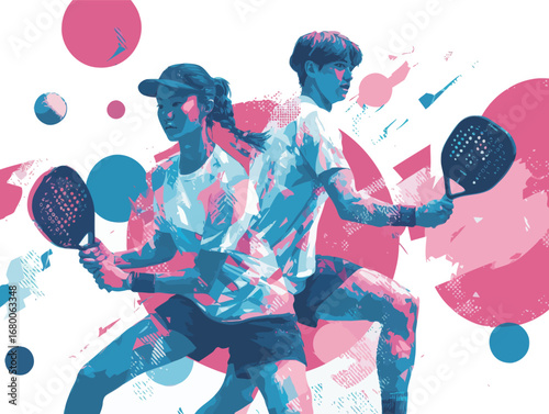 Two players engage in a competitive padel match, showcasing skill and focus. They wear athletic attire and are surrounded by colorful abstract designs that highlight the energy of the game.
