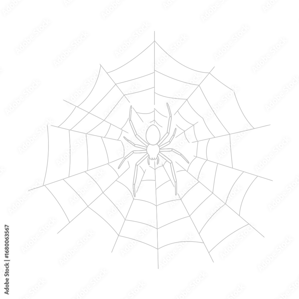 Fototapeta premium Gray Spider in Detailed Web on White Background