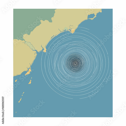 An overhead map view showing a powerful hurricane with a distinct eye swirling in the ocean, approaching a coastline. The design has a clean, minimalist style.