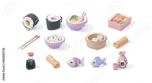 Assorted miniature japanese food items arranged on white surface, showcasing sushi, ramen, rice, and other delicacies in a charming and delightful arrangement.