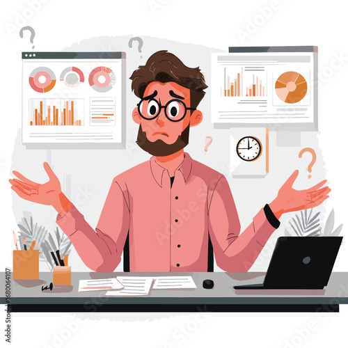 A young man with glasses appears puzzled at his desk, surrounded by charts and graphs. He gestures with his hands, expressing uncertainty about data analysis in a contemporary workspace.