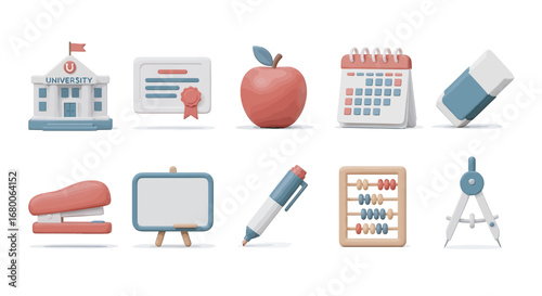 School supplies arranged neatly on a white surface representing education and learning with a clean and organized aesthetic.