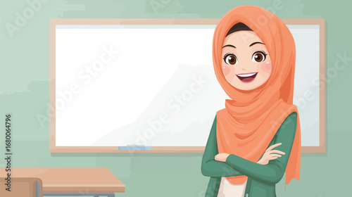 A cheerful young woman wearing an orange hijab stands confidently with her arms crossed in a classroom. The whiteboard in the background shows an inviting learning environment.