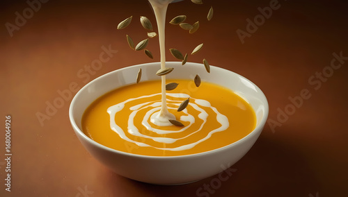 Pumpkin soup with pouring cream and falling seeds — artistic gourmet concept