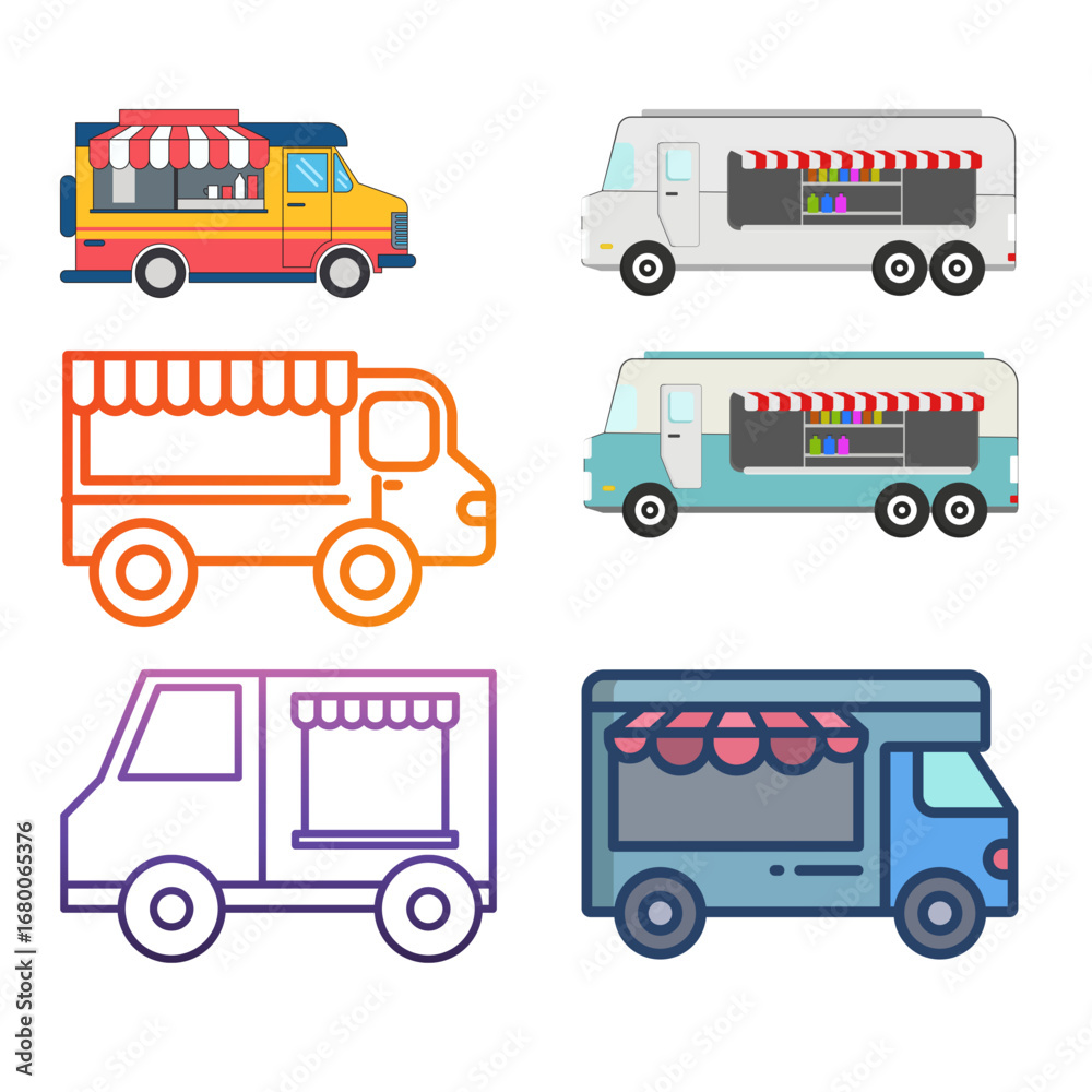 Fototapeta premium Set of Colorful Food Trucks Various Styles and Designs for Mobile Businesses