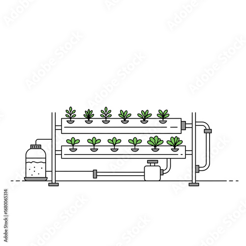 Hydroponic System Diagram:  A Line Art Illustration of a Vertical Farming Setup
