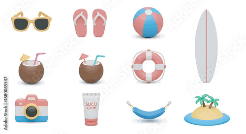 Summer vacation objects arranged on white surface representing relaxation and leisure during a tropical getaway, creating a cheerful, inviting atmosphere.