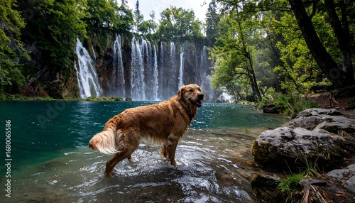 Golden Retriever by Waterfall