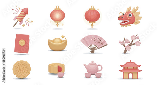 Chinese new year elements arranged neatly on a white surface showcase traditional symbols and festive decorations in a clean and modern style.