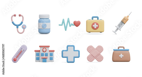 Collection of 3D medical objects representing healthcare and medicine, including stethoscope, pills, heartbeat, first aid kit, and syringe on a white surface.