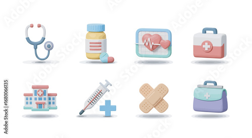 Pastel medical equipment arranged neatly on white surface representing healthcare and wellness in a clean, modern style, conveying a sense of calm and reliability.