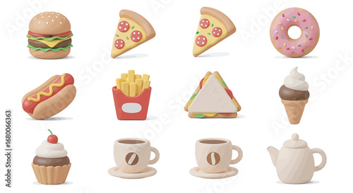Assorted fast food items arranged neatly on a white surface representing a variety of popular meals and treats in a clean, modern style.