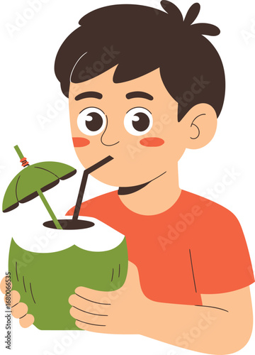 Boy drinking coconut water with umbrella