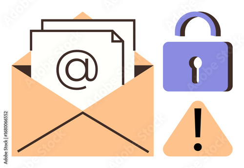 Envelope with email symbol, secure lock, and warning sign representing cybersecurity, privacy, communication, online safety, email protection, data usage and secure systems. Ideal for simple landing