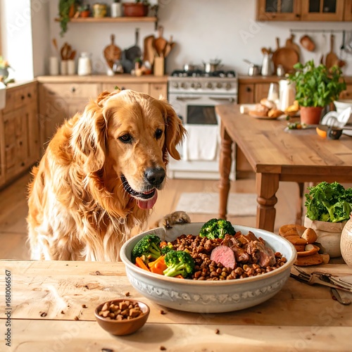 Golden Retriever dog eating food in a kitchen