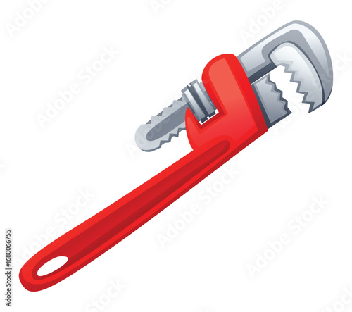 Red pipe wrench with adjustable metal jaws for tightening and loosening pipes. Vector cartoon illustration