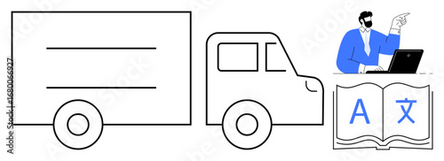 Truck with open book symbolizing translation near person working on laptop. Ideal for logistics, translation, global communication, teamwork, technology, supply chain, education themes. Modern flat
