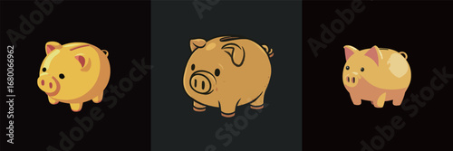 Three playful cartoon pigs with different designs are displayed against a dark backdrop. Each pig features a unique style, emphasizing their cute and cheerful characteristics.
