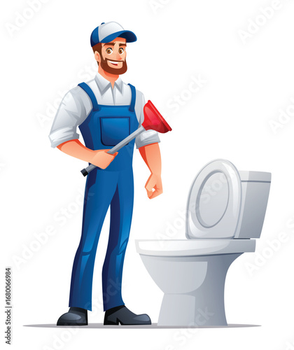 Plumber in blue overalls and a cap holding a red plunger next to a toilet. Vector cartoon illustration